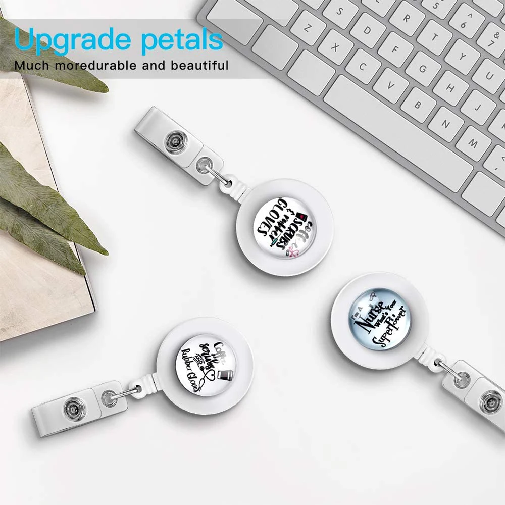 Crystal Glass Retractable Badge Reel Clip, Glass Nurse and Letters Badge Reel Holder, ID Name Badge Holder with Alligator Clip