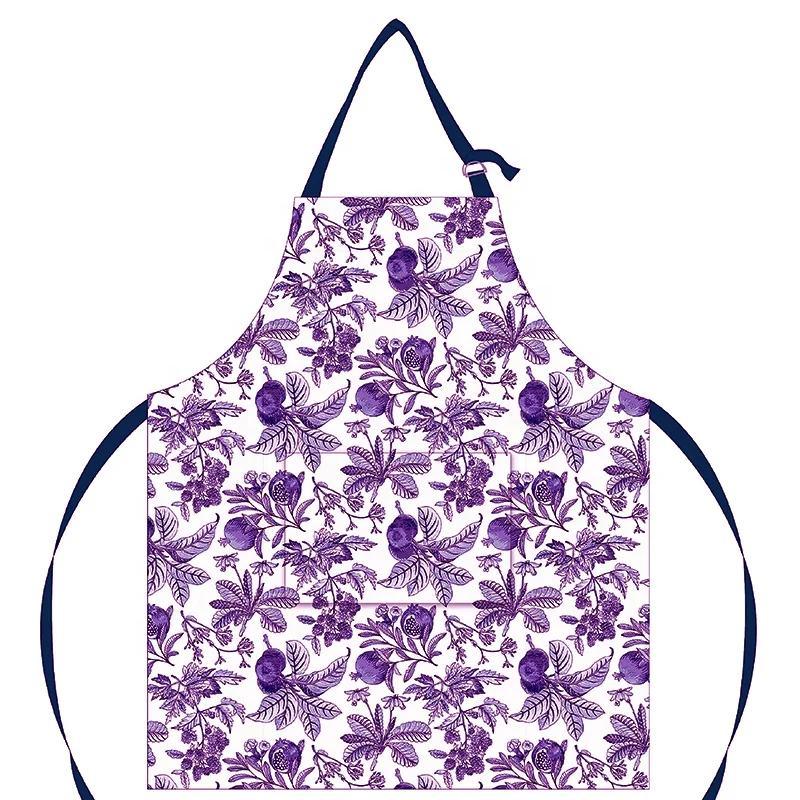 Blue fruit pattern adjustable cotton household apron custom color size waterproof kitchen chef apron with pockets