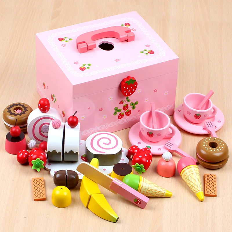Wooden Birthday Cake Toy Children  Kids Pretend Children Play House Cooking Set Toy Kitchen Toys with Food