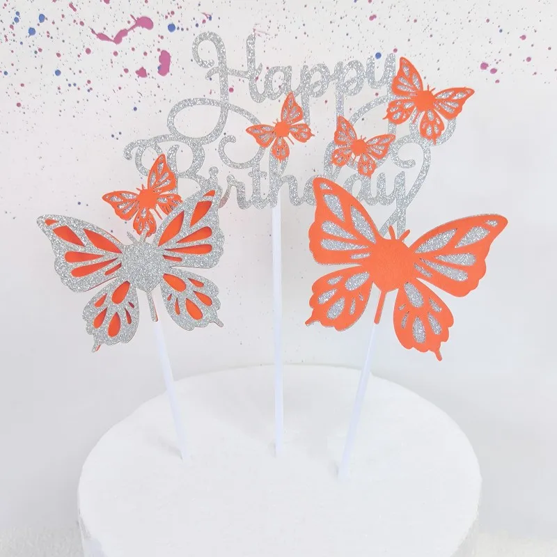 Shiny paper double butterfly Happy Birthday cake decoration party dessert table baking cake topper