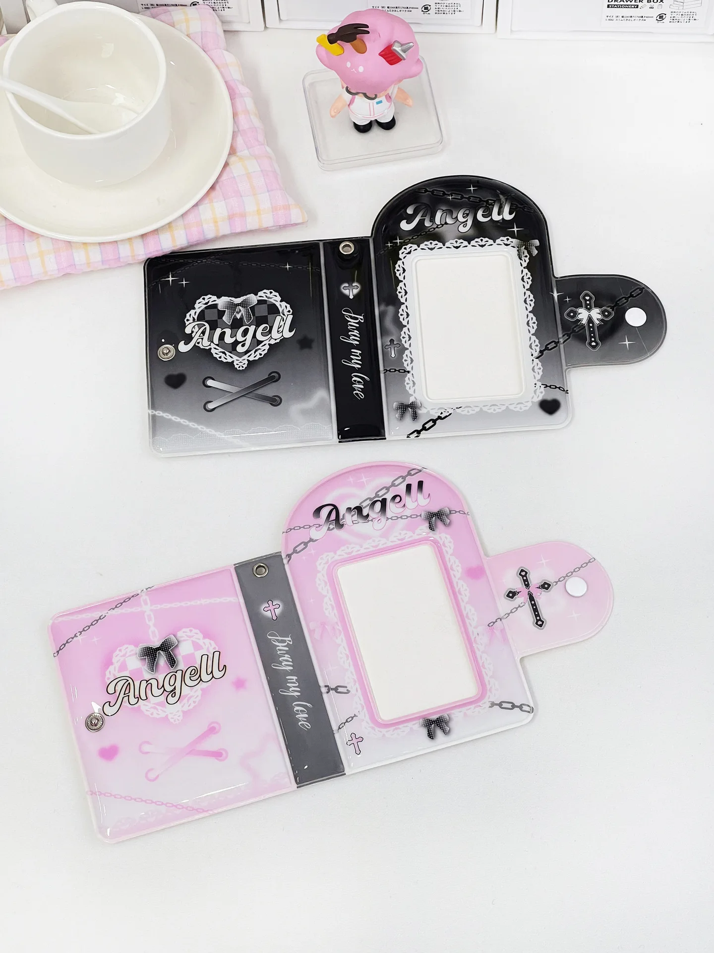 Korean Y2K Sweet Cool Pink Black Photocard Holder Lace Chain