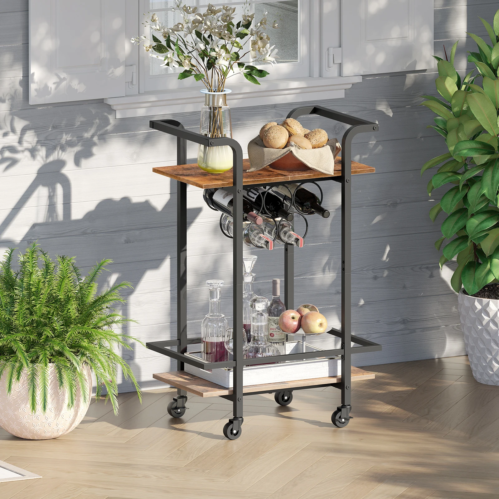 Wholesale Industrial Style Metal Bar Cart Kitchen Home Rolling Trolley Bar Serving Cart Kitchen Trolley on Wheels with Wine Rack