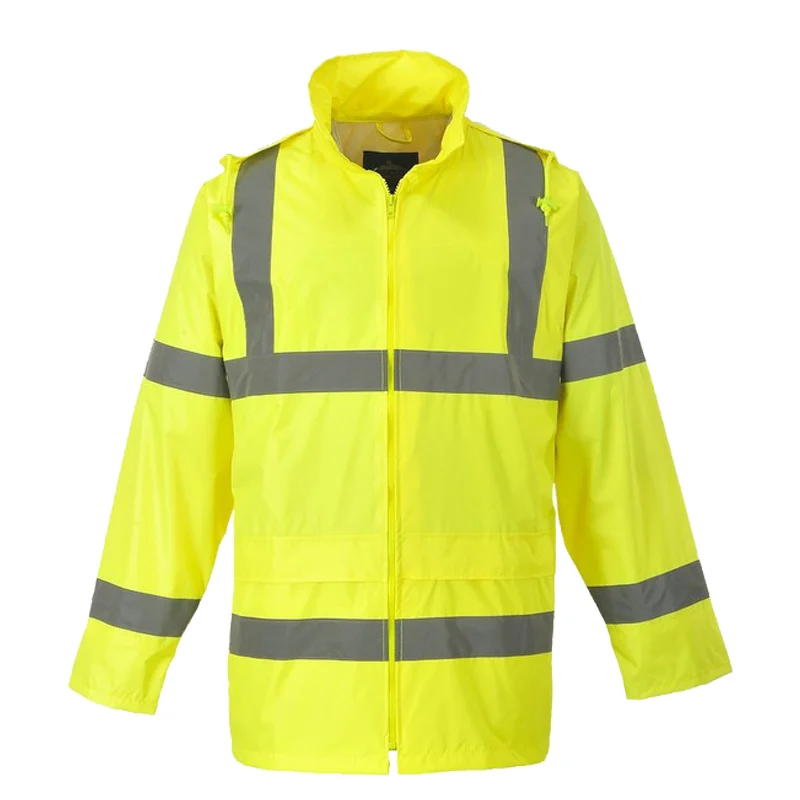 Wholesale High Visibility Waterproof Jacket Roadway Security Raincoat With Reflective Strips and Pockets