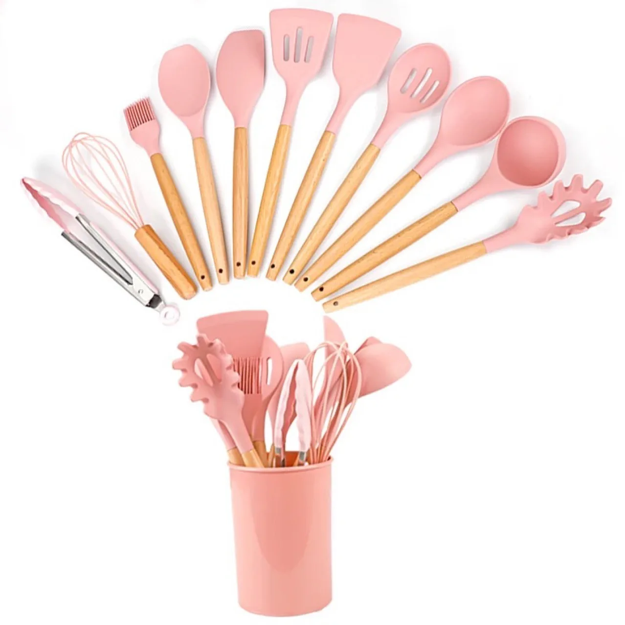 Customized Silicone Spatula and Spoon Set of 12 OEM ODM Non-stick Food Grade Silicone Spatula Kitchenware Set Wooden Handle