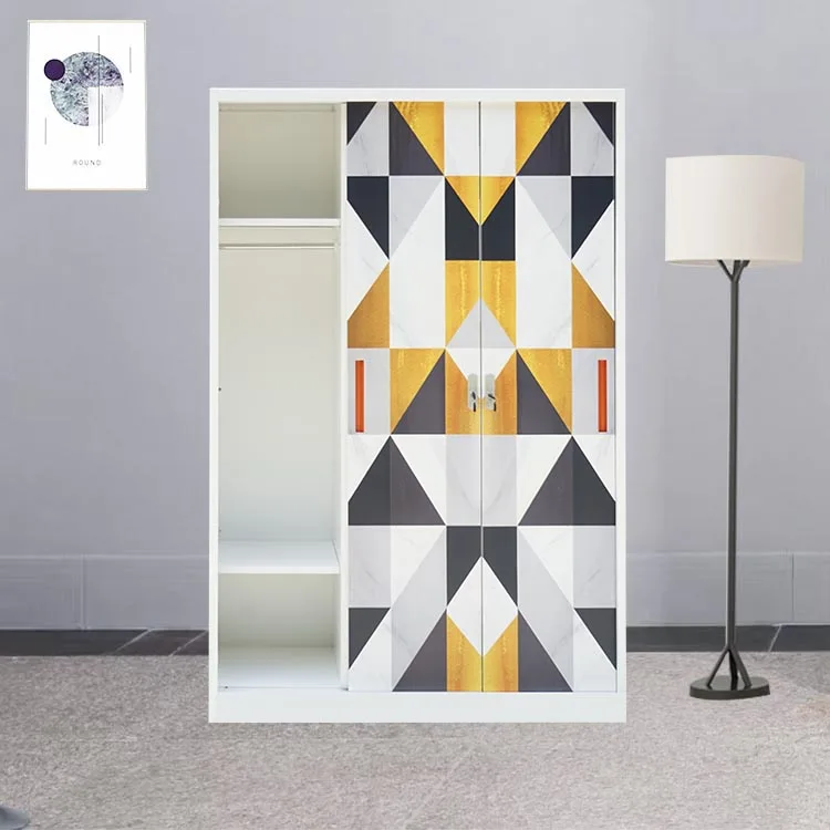 Home Furniture Bedroom Furniture Portable Metal Wardrobe with 3-Door Steel Swing Printed Metal Frame Closet