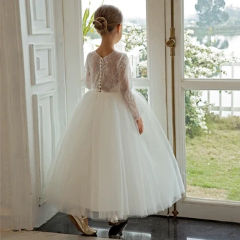 Catpapa Child High Quality V-Neck Big Girl Dresses for Prom Party White Elegant Girl Wedding Dress 8-12Y Formal Occasion