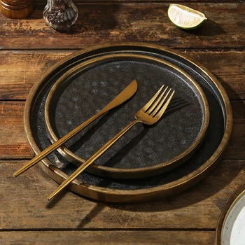 Vintage Black Ceramic Dinner Steak Plate Gold Rim Restaurant 7/8/9/10 inch Flat Pasta Pizza Cold Dishes Serving Dish Dinnerware