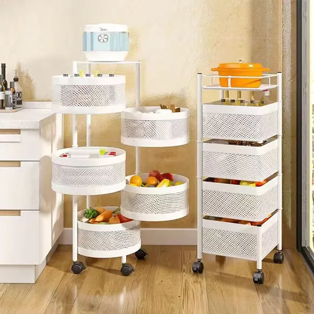 Hot selling 5-layer rotating fruit basket  kitchen storage metal cutlery basket with wheels