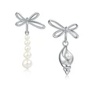 Copper Pearls Simple Personality Copper And White Gold Plated Bow Asymmetric Conch Dangle Pearls Earrings