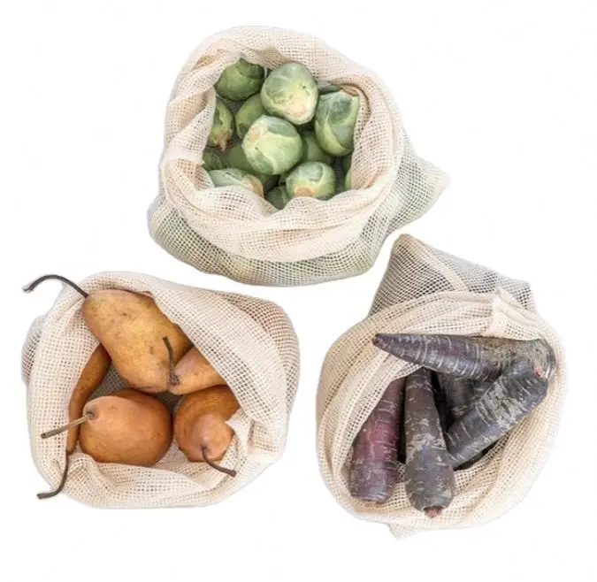 Reusable Produce Bags in Organic Mesh & Muslin (7-Pcs Set) Storage Eco Veji bag BONUS Swaddle Sheet Store Fruits, Nuts