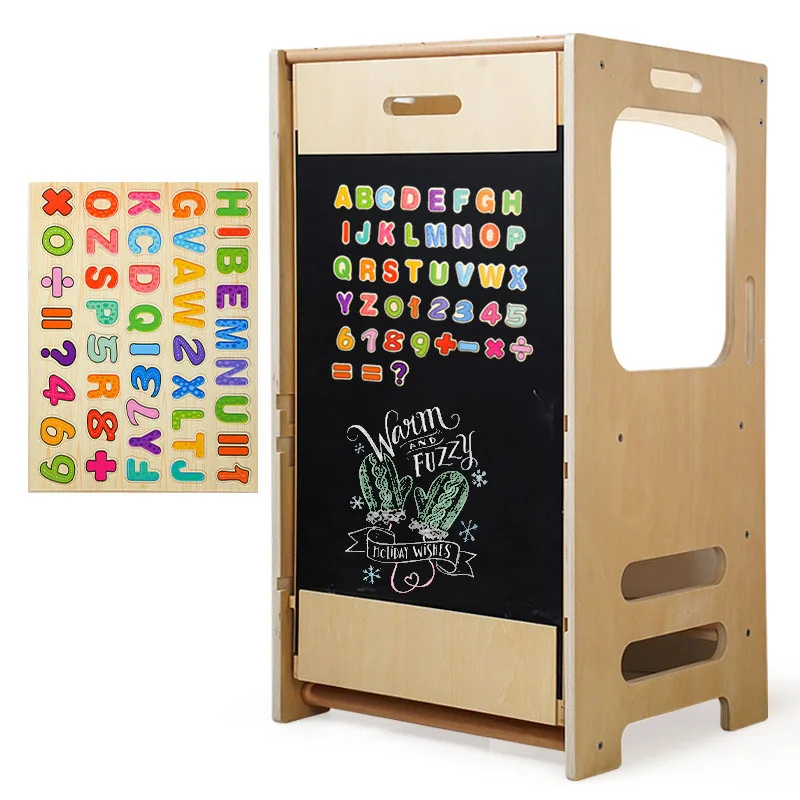 Escabeau d'aide à la cuisine pliable, tour d'apprentissage en bois Montessori pour enfants avec tableaux noirs pour les détails des tout-petits