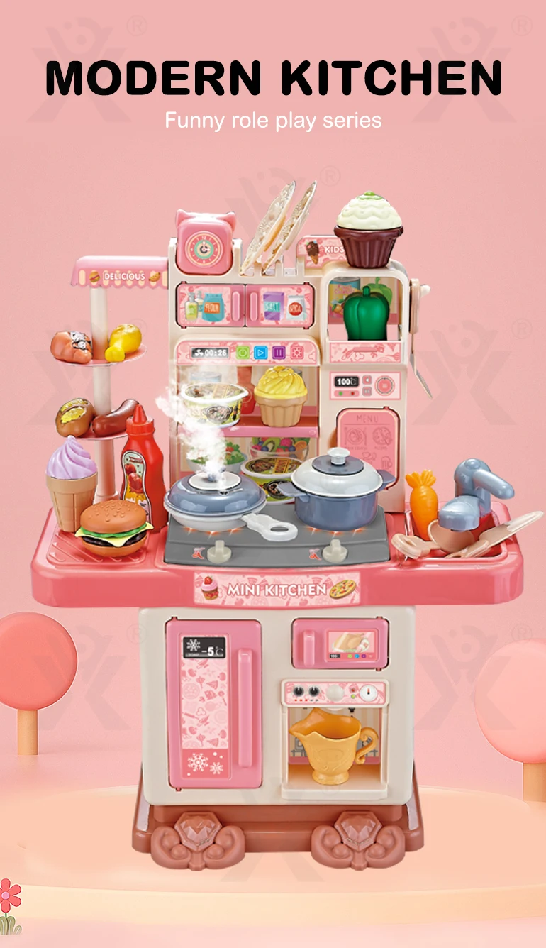 Chengji Plastic Kitchen Role Play Toy pink Simulated Spray Light Music Kitchen Toy Play Electric Cooking Kitchen Set for Kids