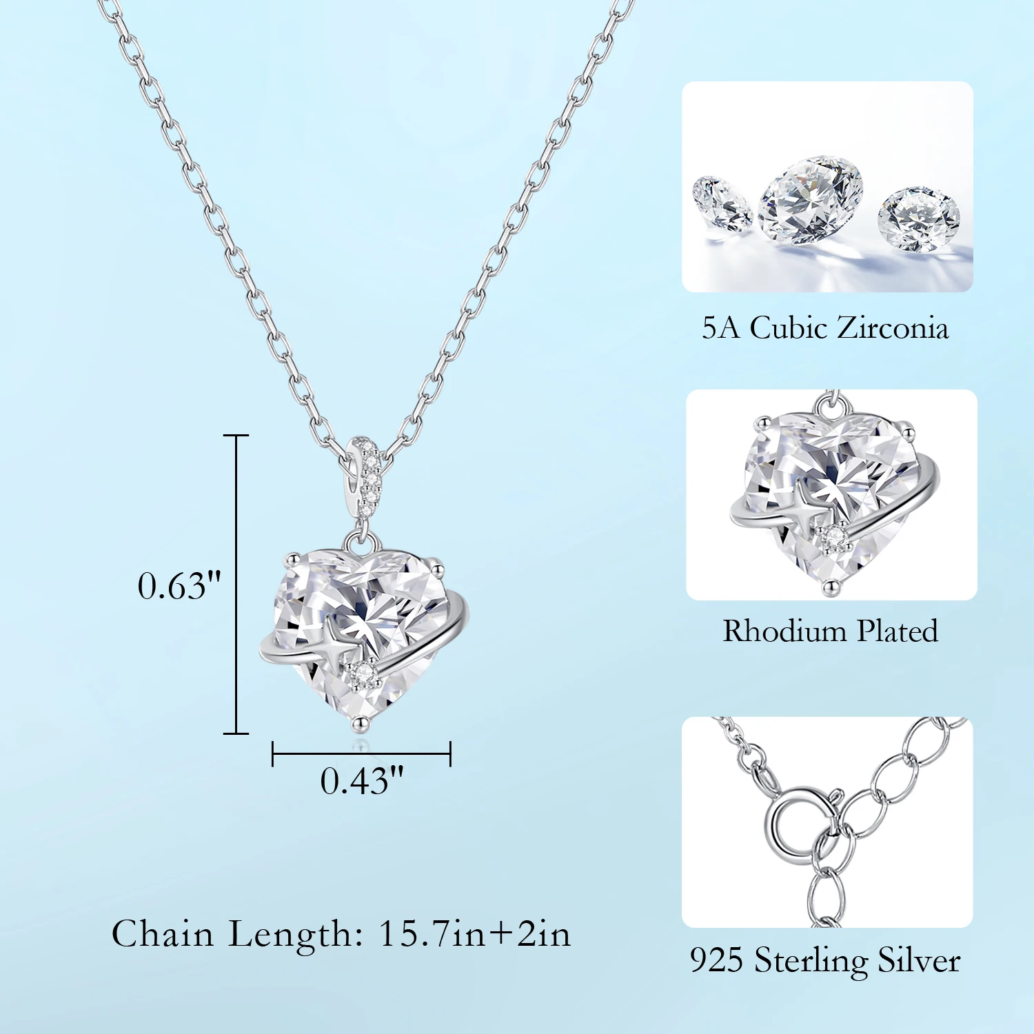CDE CZYN050 Fine Jewelry 925 Sterling Silver Necklace Wholesale Rhodium Plated Heart Zircon Pendant Necklace