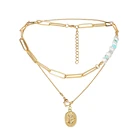 Gold Double Pendant 18k Gold Plating Double Pearl Broken Stone Turquoise Leaf Pendant Necklace