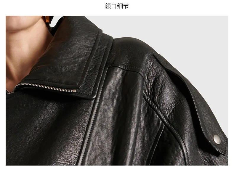 New Heavy Workmanship Goatskin Retro Unisex Button up Collar Solid Genuine Leather Motorcycle Jacket Autumn Women factory
