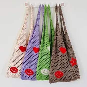 Korean Designer Boho Mesh Net Cute Flower Knitting Tote Woolen Bag Summer Jacquard Acrylic Travel Shopping Crochet Shoulder Bag