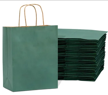 Green Paper Bags with Handles 8*4*10 inches 50 Pcs.Paper Shopping Bags, Bulk Gift Bags