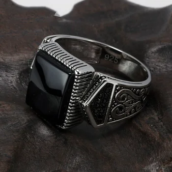 Black Square Signet Gemstone S925 Turkish Silver Ring For Men