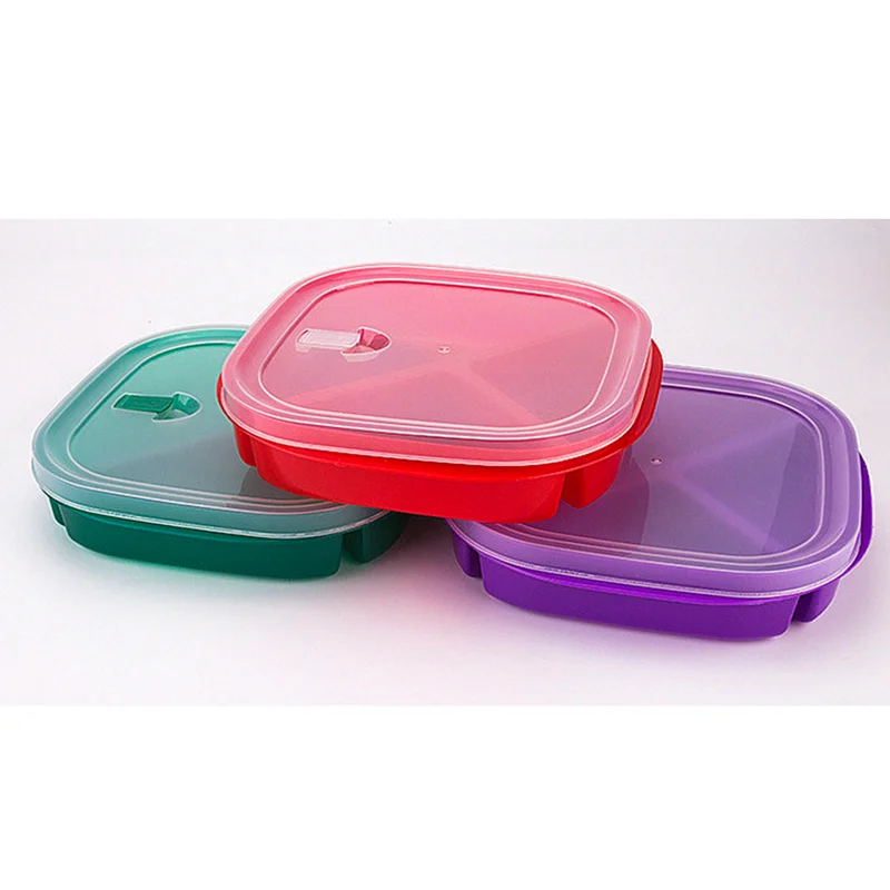 Square Microwave Food Storage Tray Containers - 3 Section/Compartment Divided Plates w/Vented Lid