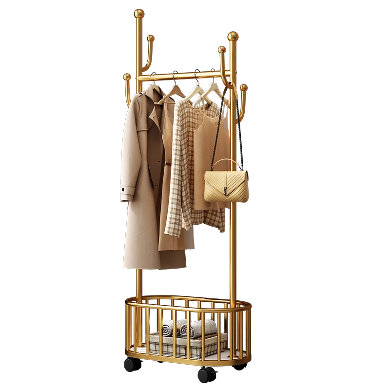 Movable metal floor standing coat rack with 360 degree rotation wheels