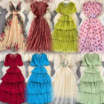 Wholesale custom mini printed dresses for ladies elegant A-line pleated dresses