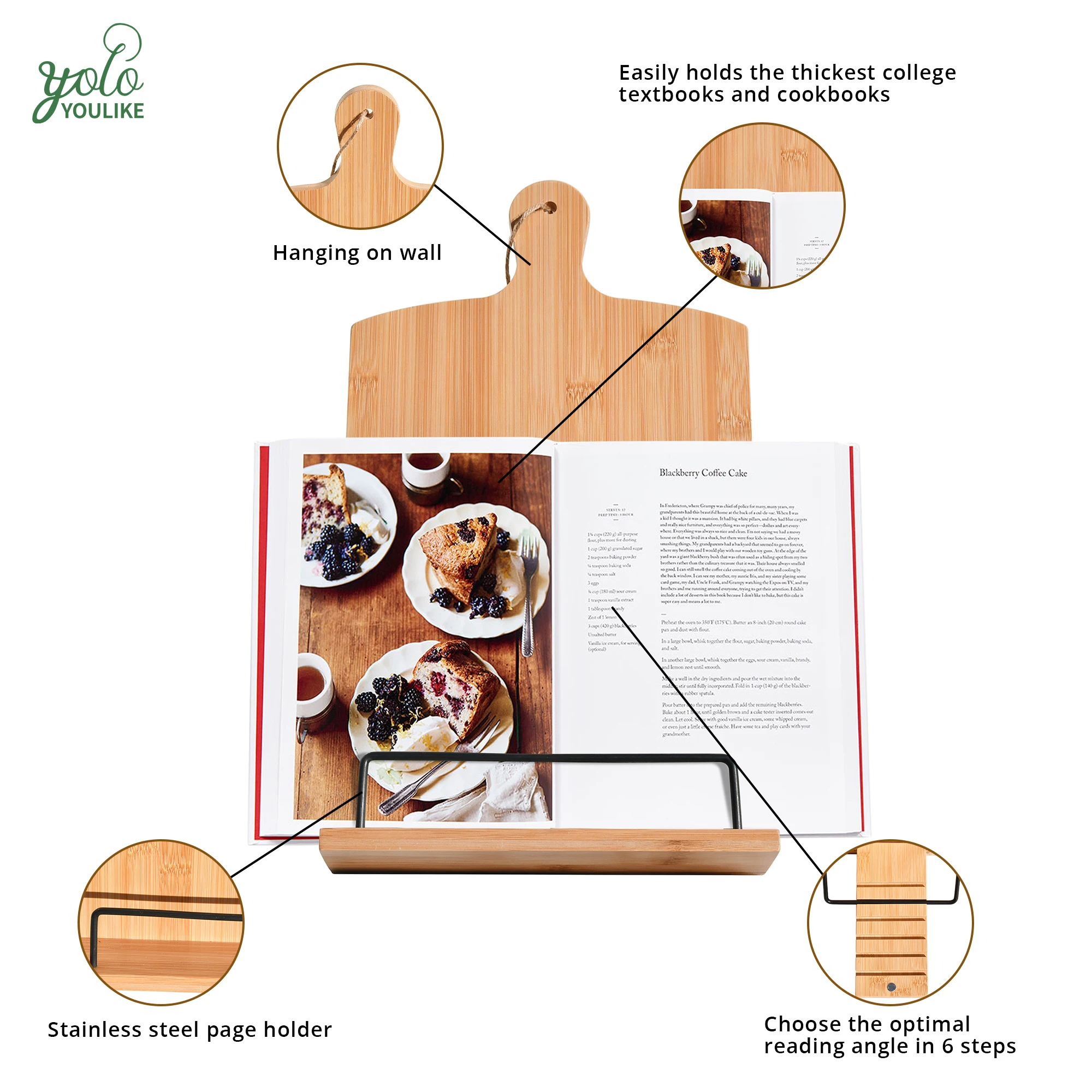 Adjustable Bamboo Cook Book Stand For Kitchen Pioneer Woman Handmade Book Holder for Reading Hands Free