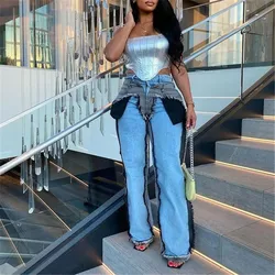 Fashion Patchwork Color Streetwear Women High Waisted Button Elastic Denim Pants Casual Female Straight Jean Trousers