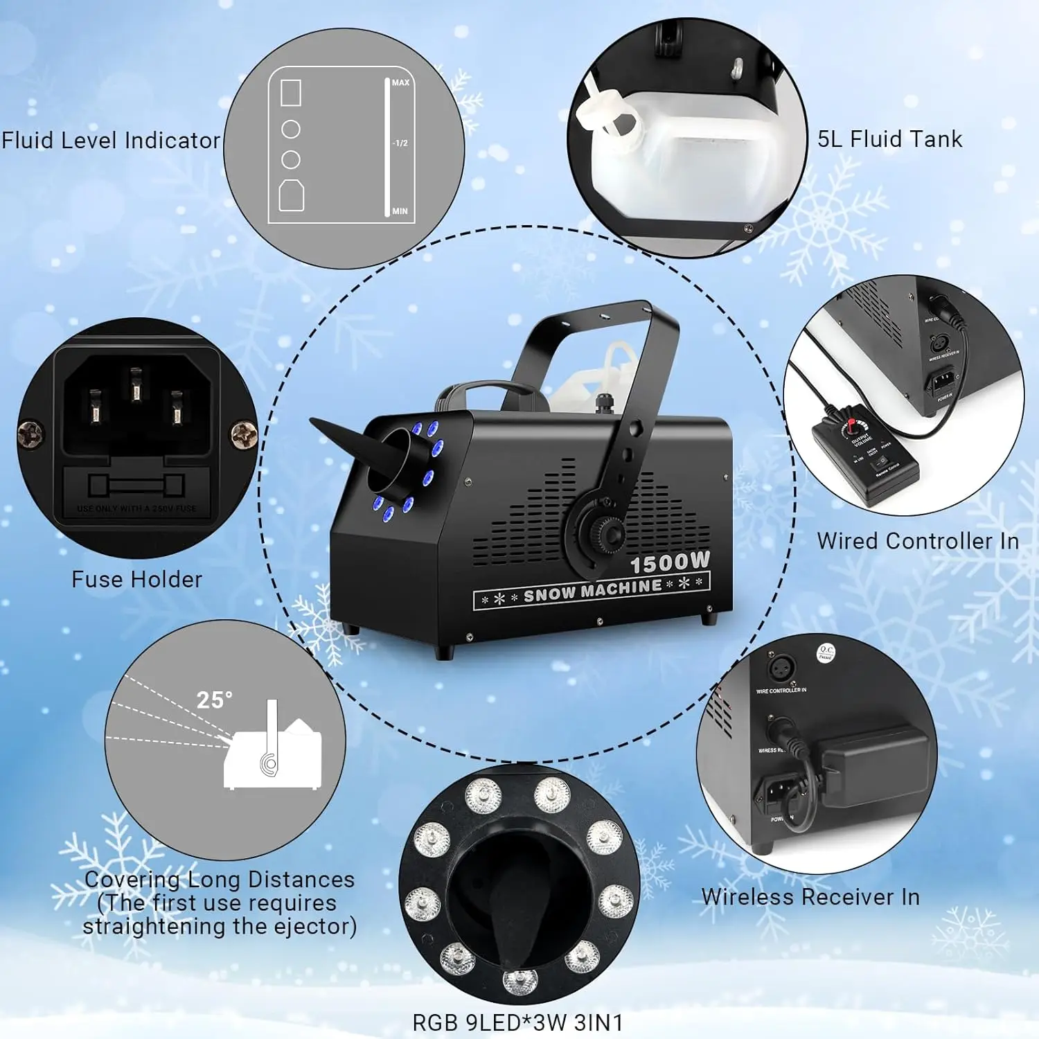 1500W High Output Remote Control Snow Maker Machine with RGB LED Light for Stage and Christmas Party
