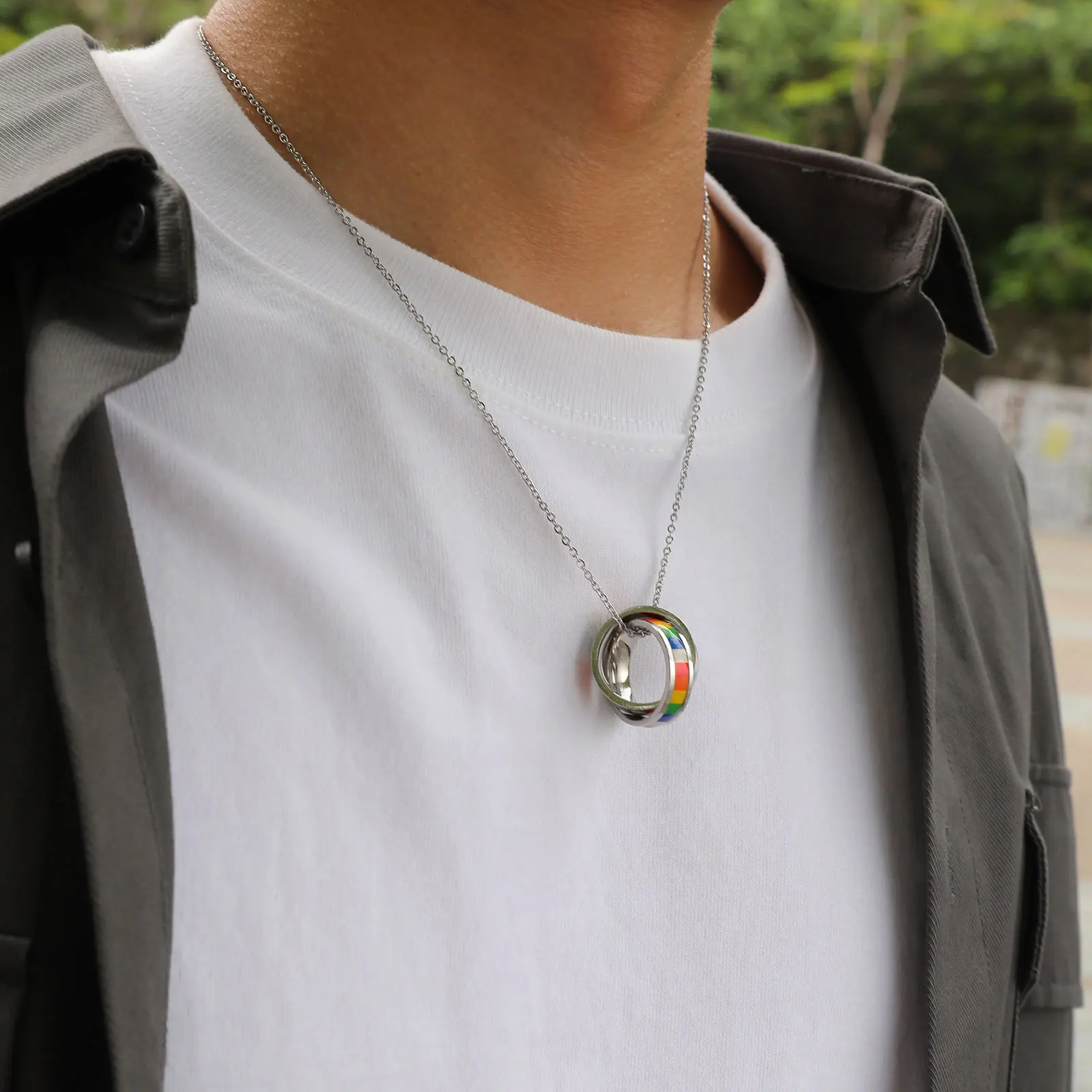 LGBT Jewelry Gay Pride Rainbow Jewellery Gay Lesbian Necklace Double Ring Rainbow Pendant 316L Stainless Steel Rainbow Necklaces