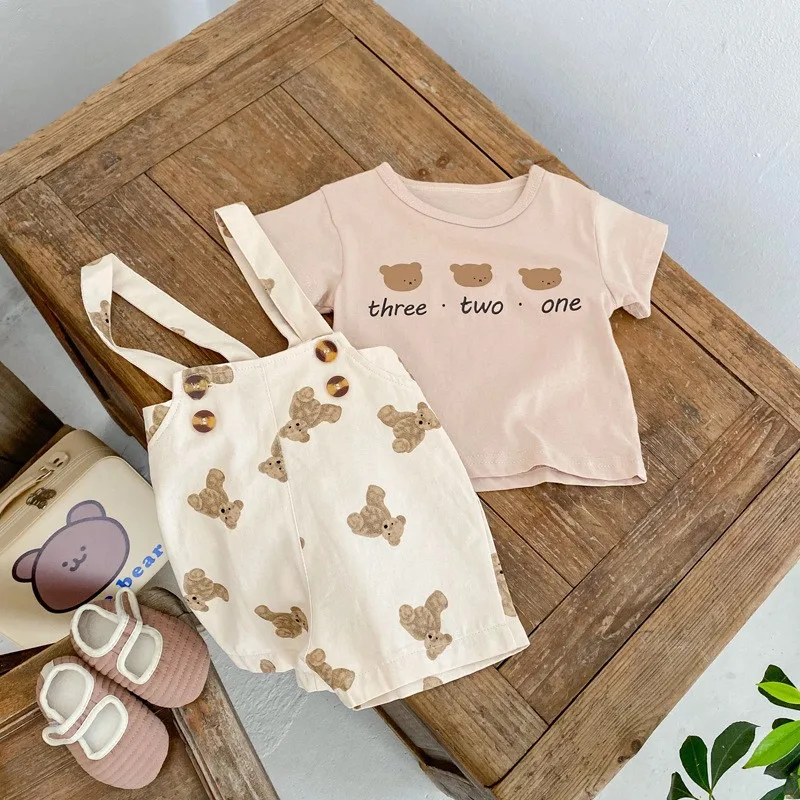 2023 Bear Print Baby Set Infant Overalls Suit Baby Boy Cartoon T Shirt Suit Baby Girl Outfits