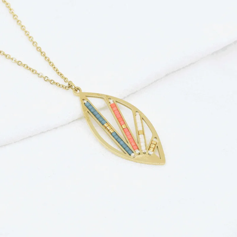 stainless steel miyuki seed bead personalised custom leaf necklace pendants jewelry gift for women men lover