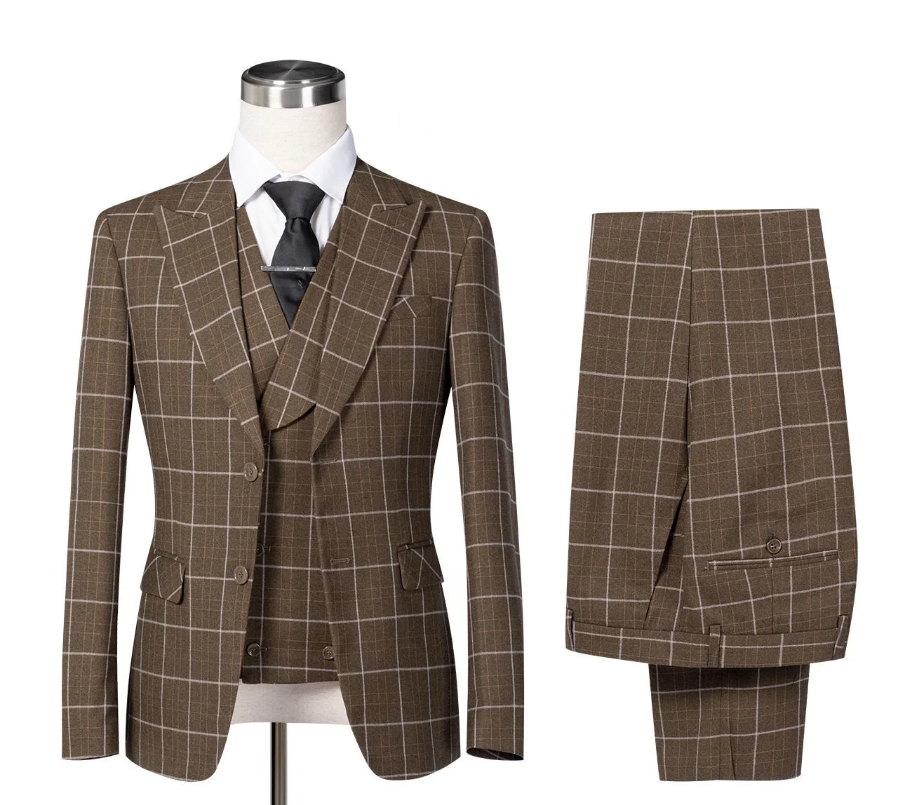 Custom Khaki Slim Plaid One Single Button Suit With Pants Costume Homme Business GroomTuxedo Suits