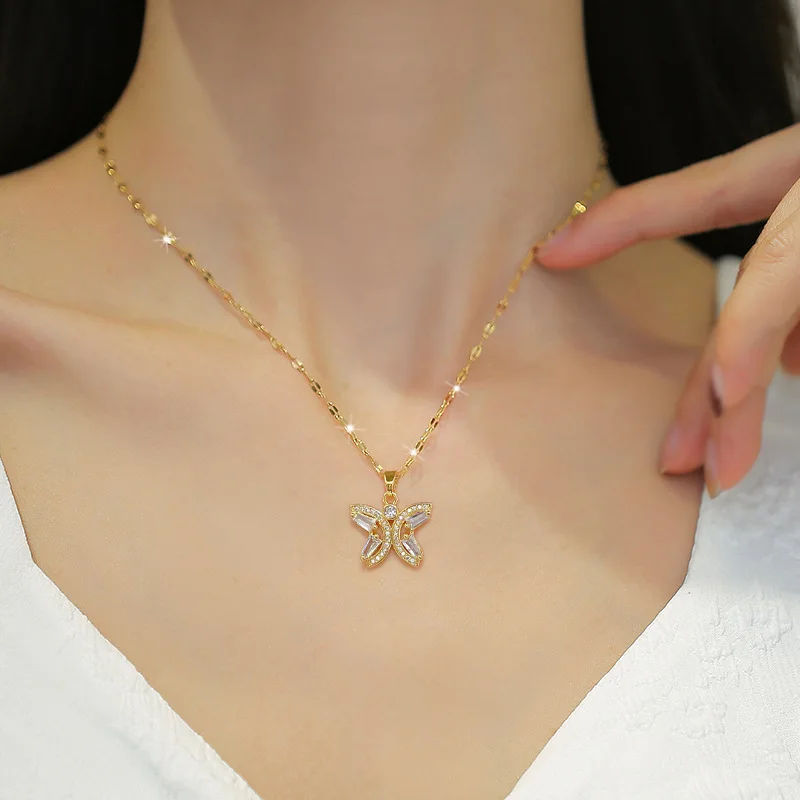 Fashion Jewelry Set women Stainless Steel Chain Zircon butterfly Pendant Necklace And Earrings Set For Gift
