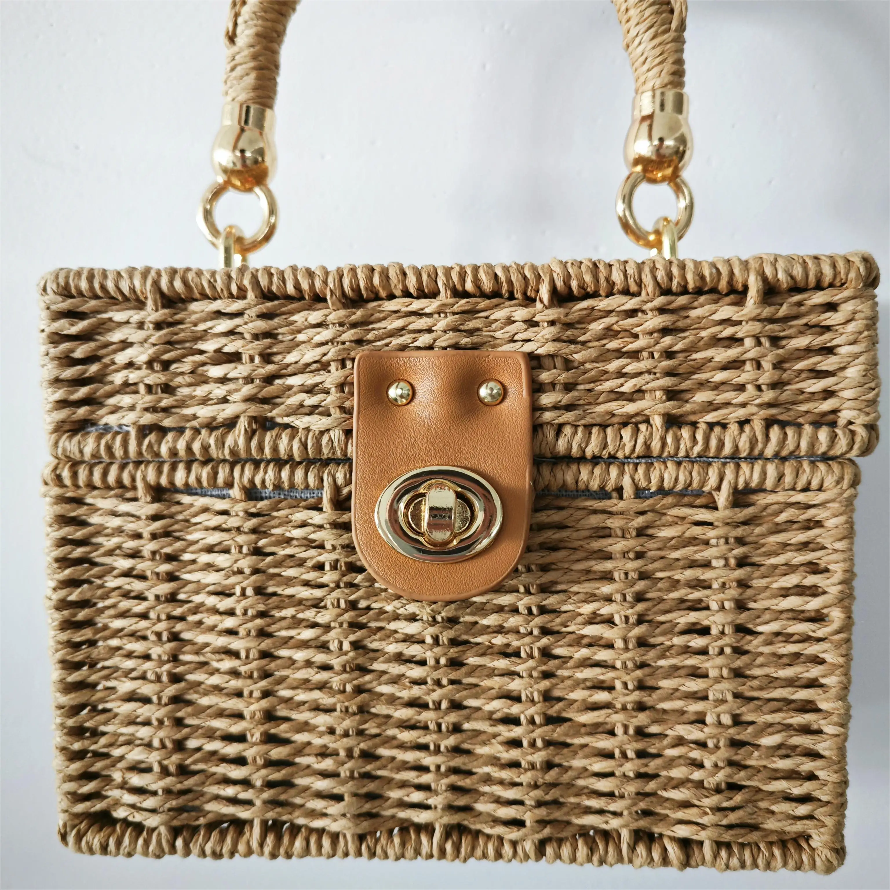 Fashion luxury woven paper rope handbag cuboid bag beach bag shopping