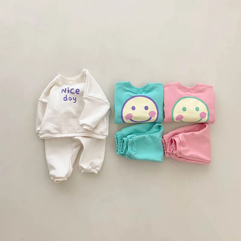 INS new Korean infant clothes girls outfits candy-color sweet toddler girls crew neck sweatshirt sets