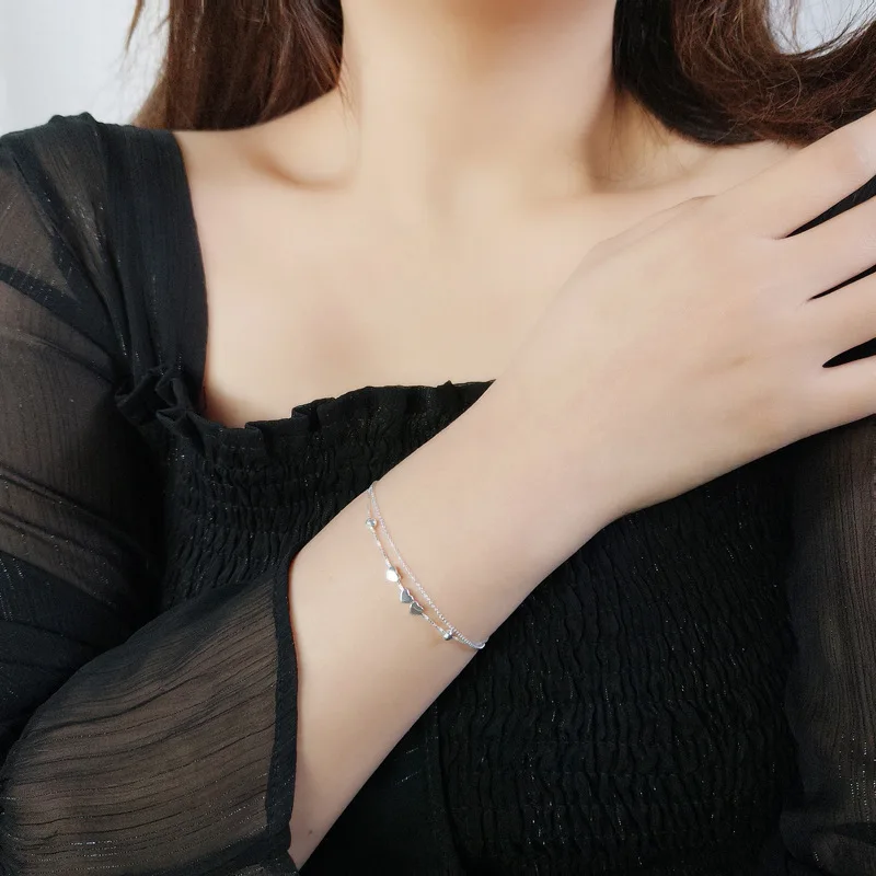 trendy silver heart bracelets women,925 sterling silver double layer three heart chain bangle bracelets jewelry