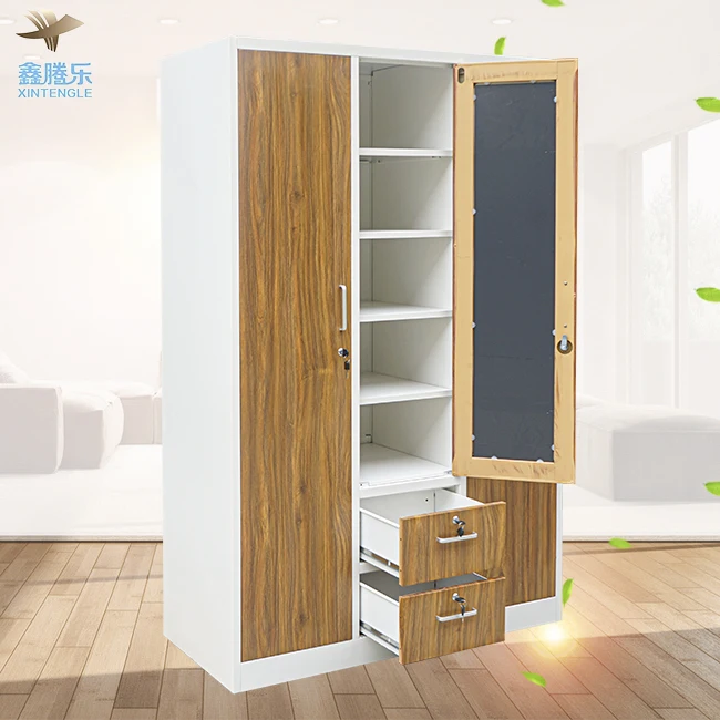 3-Door Steel Mirror Closet Wardrobe Almirah Cabinet Bedroom Furniture for Home Use