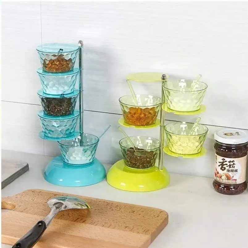 Hot Product Kitchen Accessories Seasoning Jar With Spoon 5 Layers Plastic Condiment Storage Jar Rotating Seasoning Box