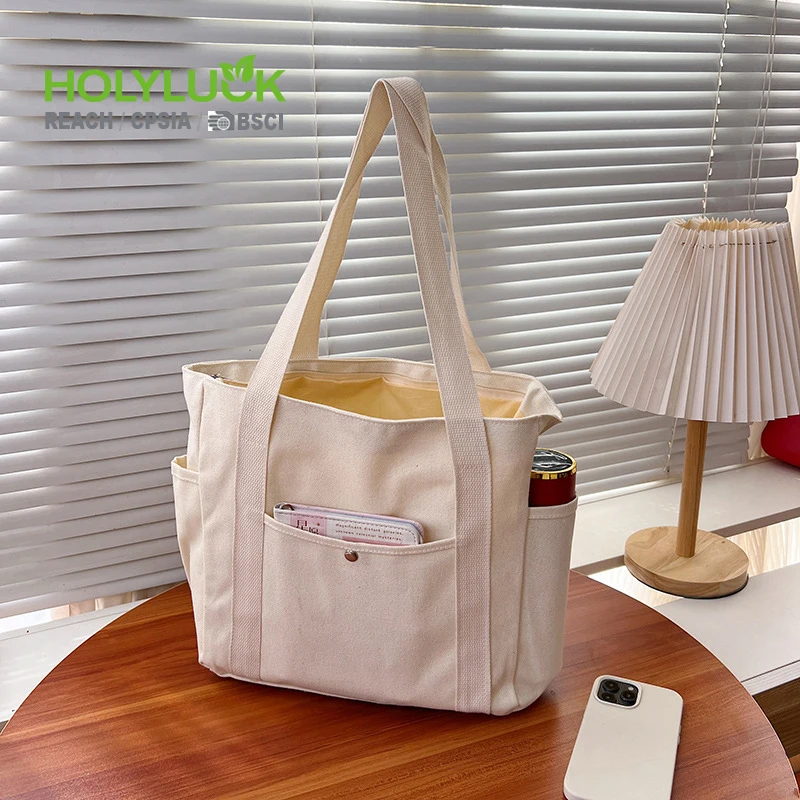 Wholesale multiple pockets simple style cotton canvas bag blank reusable shopping custom canvas tote bag for college student