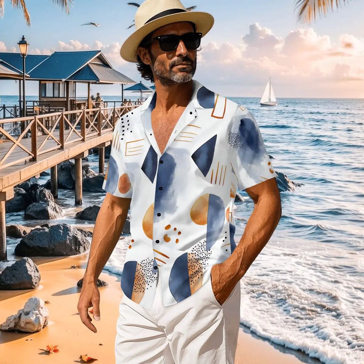 Custom image Men's 100% Cotton Short-Sleeve Button-Down Shirt Floral Pattern Smart Casual Chinese Style Mandarin Collar for Spring Summer H8f57a88b85be47f9af0ae61a5842850dy