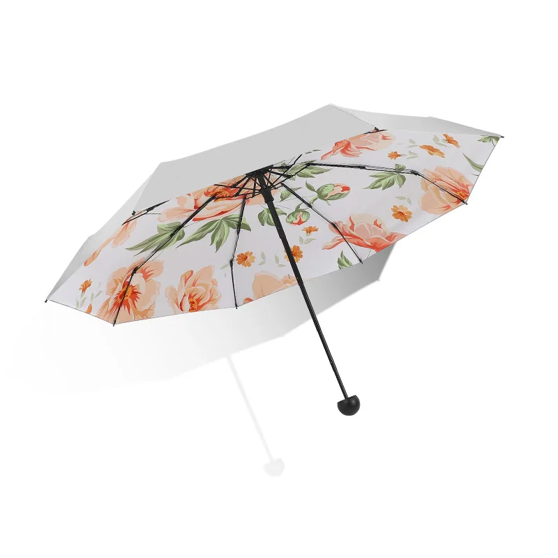 DD1220  Silver Coated Compact Umbrella Printing Inside Flower 5-Folding Parasol UV Ultraviolet-proof Mini Sun Pocket Umbrella