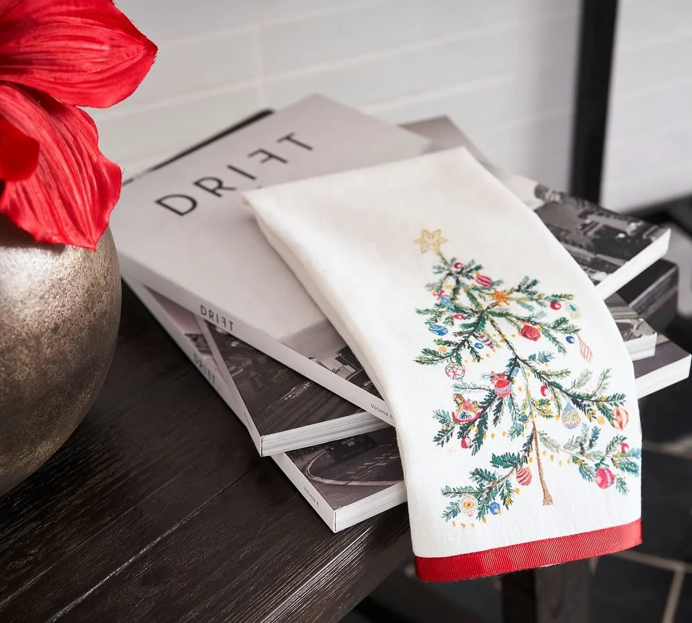 organic Cotton linen absorbent Christmas kitchen Towel pack embroidery Custom printed design reusable Kitchen Tea Towel set