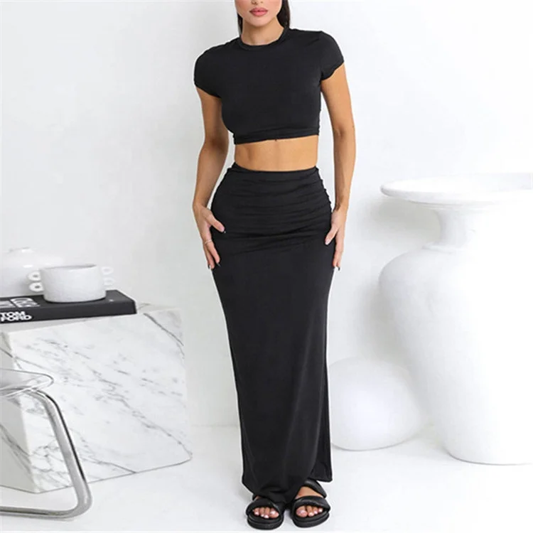 Women's Casual Solid Two Piece Set Short Sleeve O-neck Top T-shirts + Hip Long Skirts Female Dresses Suit