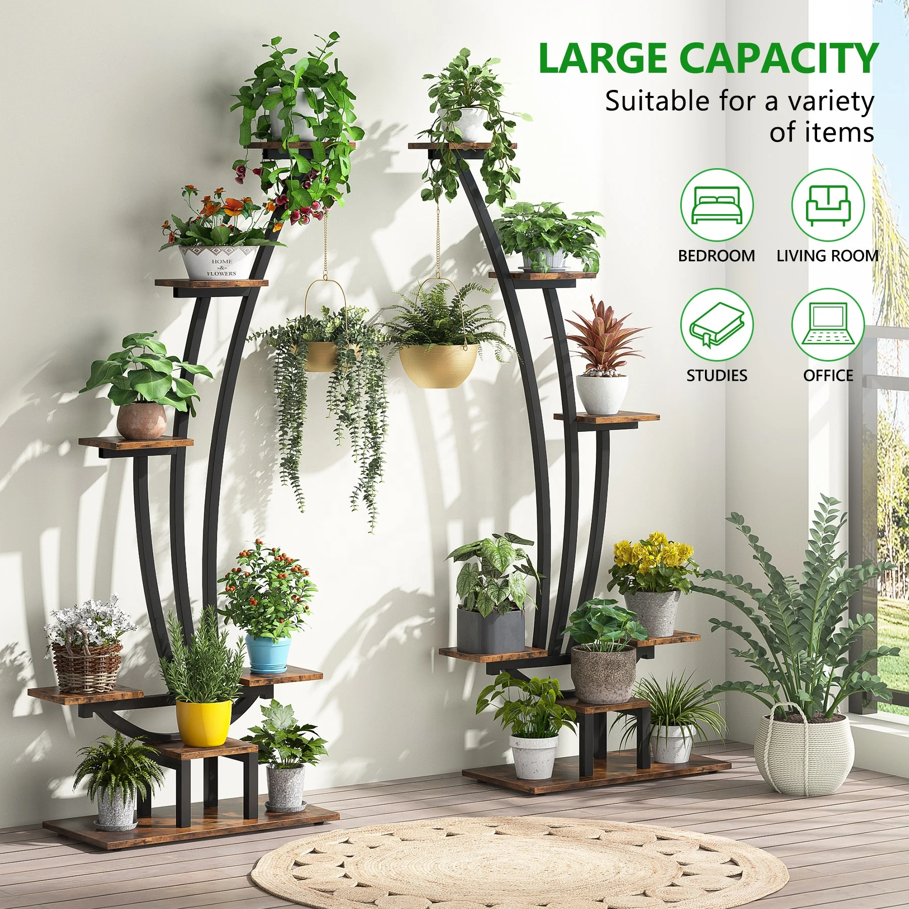 Tribesigns Indoor Plant Stand Pack of 2, 6 Tier Curved Metal Plant Shelf Brown Flower Plant Stand Rack for Home Decor