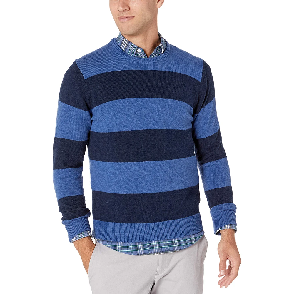 Manufacturer customized color size men's casual striped round neck long sleeve knitted pullover sweater