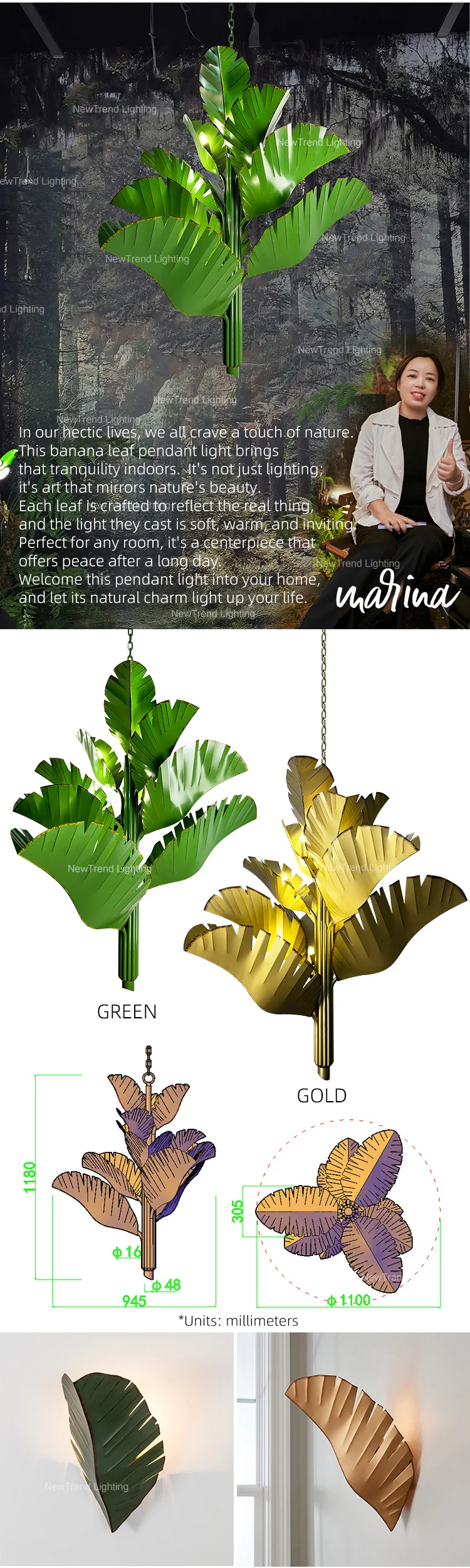 LC-C077 Unique Decoration Lamp Custom Nature Inspired Lamp Banana Leaf LED Chandelier Tree Light details