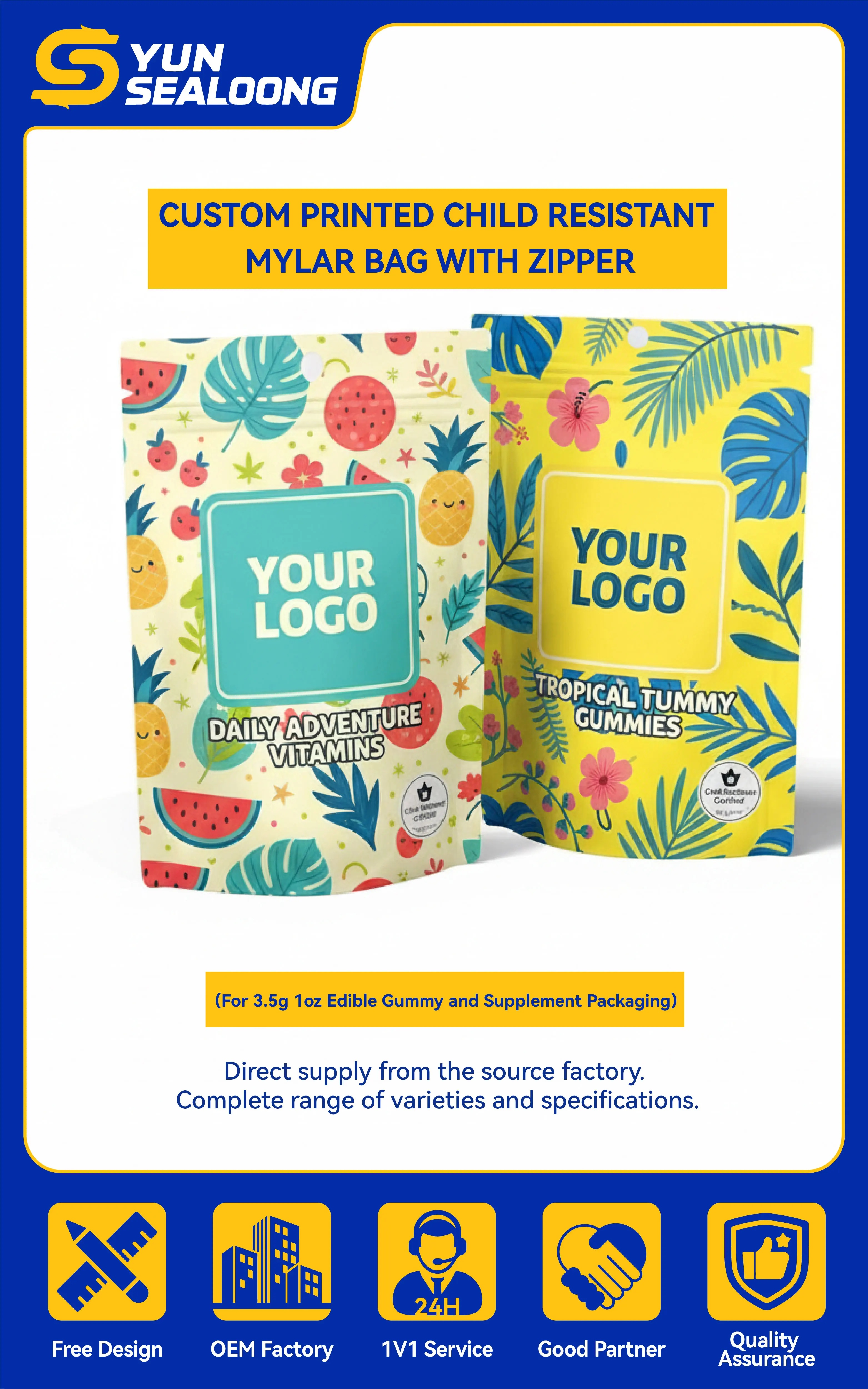 Custom Size Recyclable PE Stand up Pouch with Zipper Top and Custom Logo for Gummies Candies Herbal Products