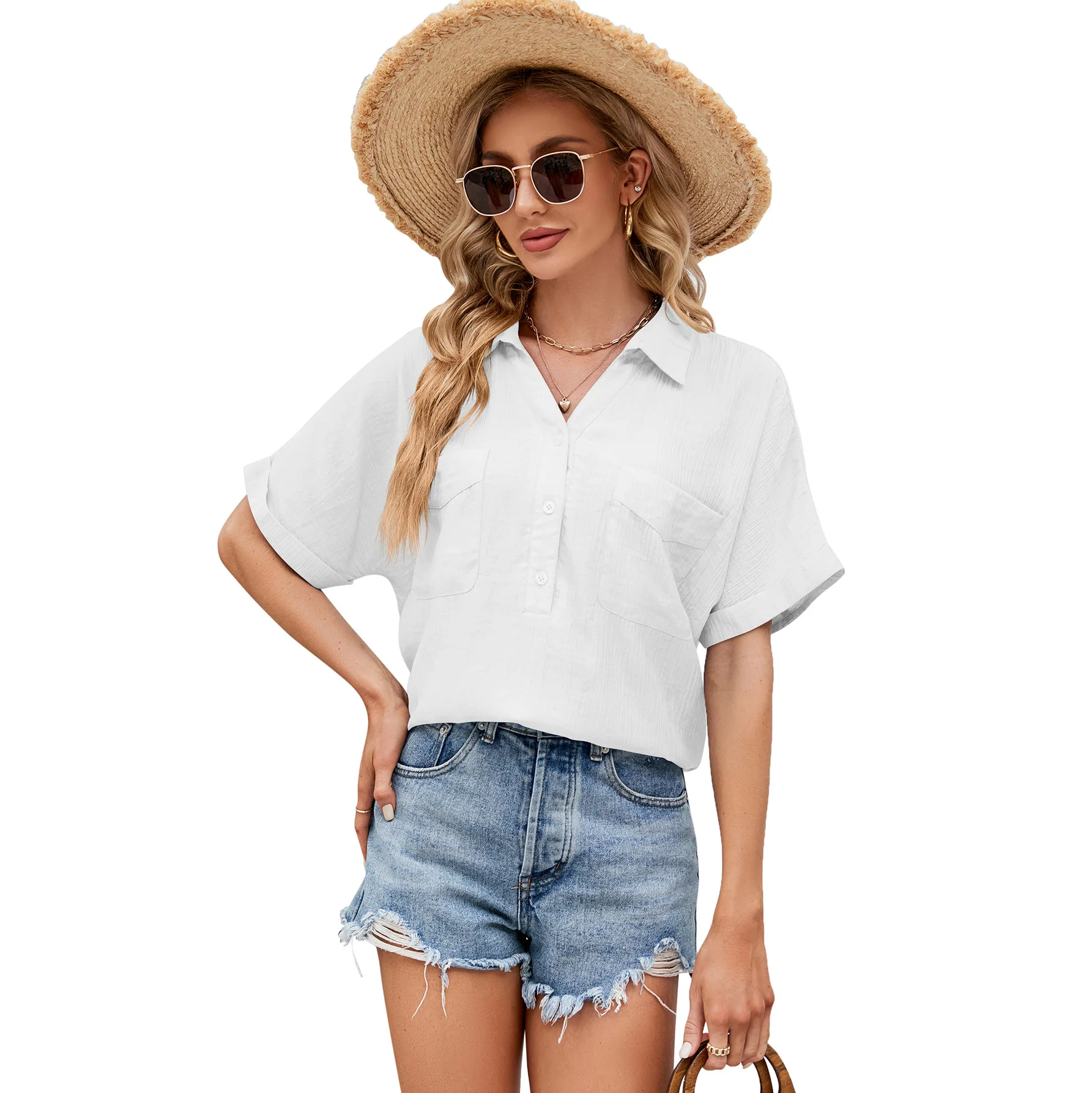 Hotouch Linen Shirts for Women Cotton Long Sleeve Button Down Blouses V Neck Casual Loose Work Casual Summer Tops