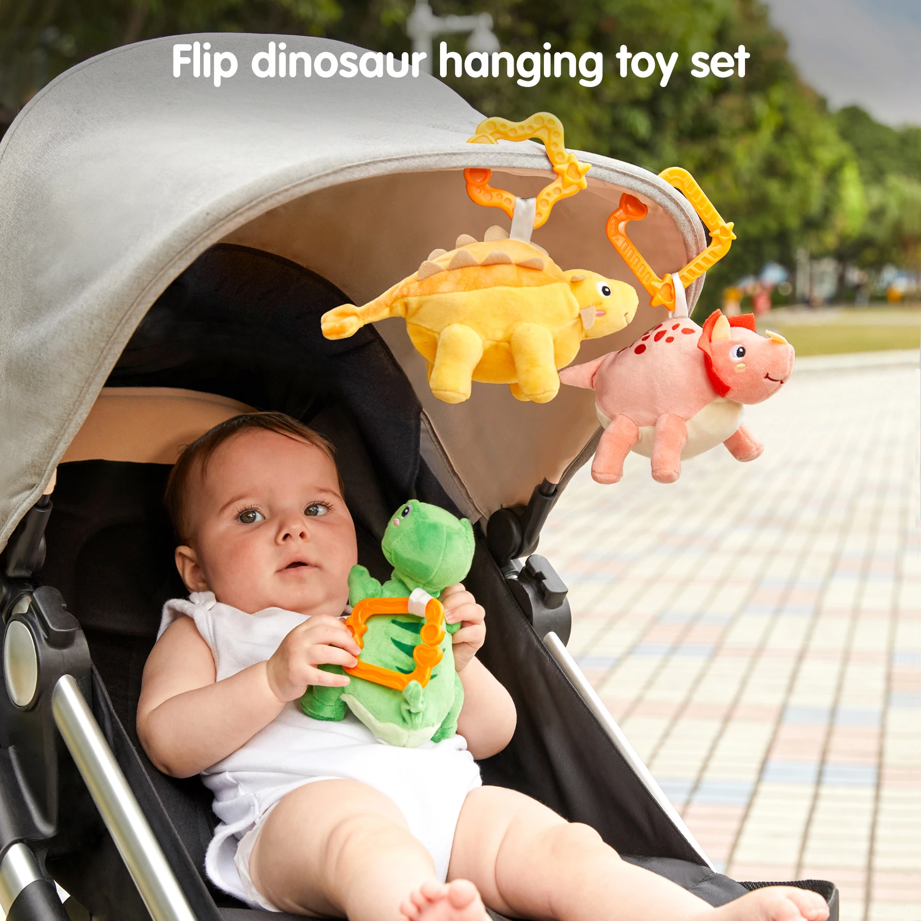 Tumama Kids 3PCS Baby Stroller Plush Hanging Toy Mini Reversible Dinosaur & Egg Kids Soft Stuffed Toys Animal