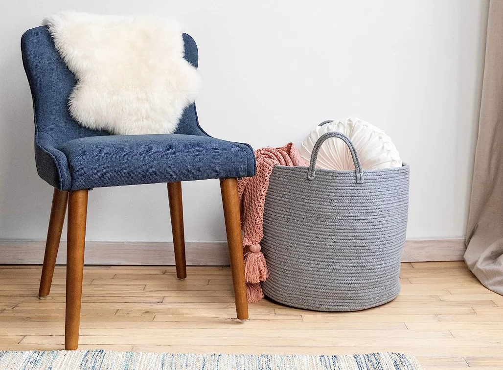 Premium Cotton Rope Basket for Living Room Woven Laundry Grey Large Blanket Storage Basket for children